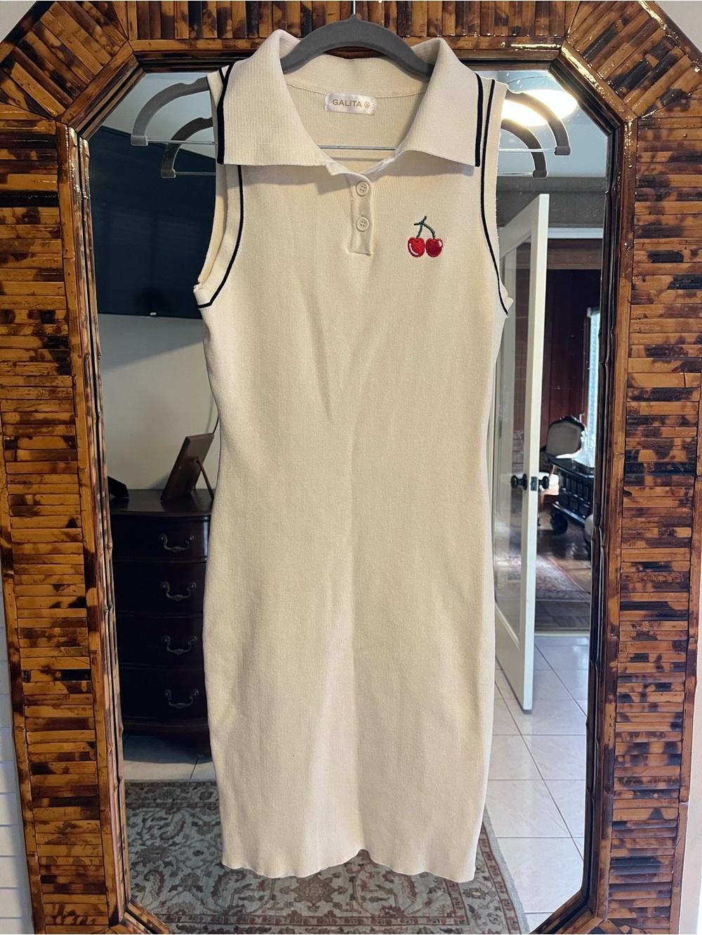 Cream Sleeveless Polo Knit Dress with Cherry Embroidery